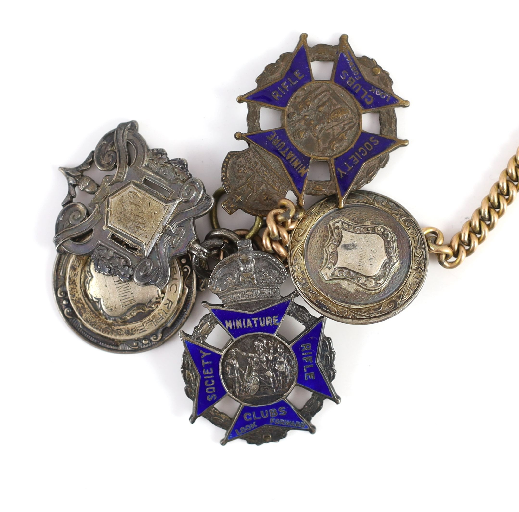 WWI interest: W G Wright, East Surrey Regiment 9ct gold presentation open faced keyless lever pocket watch, hallmarked for Birmingham, 1915, with Roman dial 1914-5 star, various shooting medals and a German soldier's ala